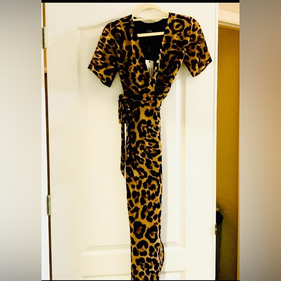 Bardot midi length, leopard print wrap dress. - Picture 2 of 2